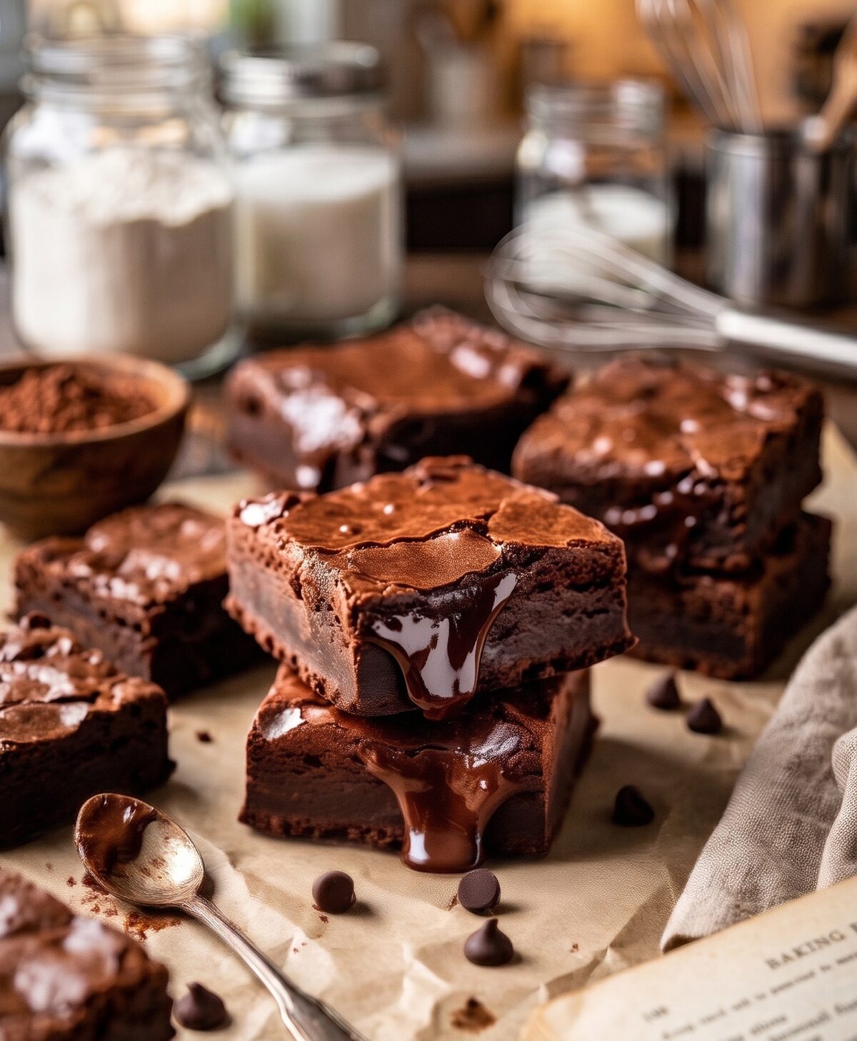 Brownies com calda em mesa de confeitaria