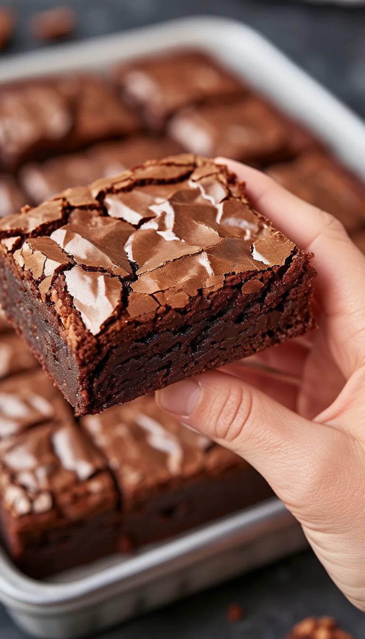 Mão pegando um brownie da assadeira
