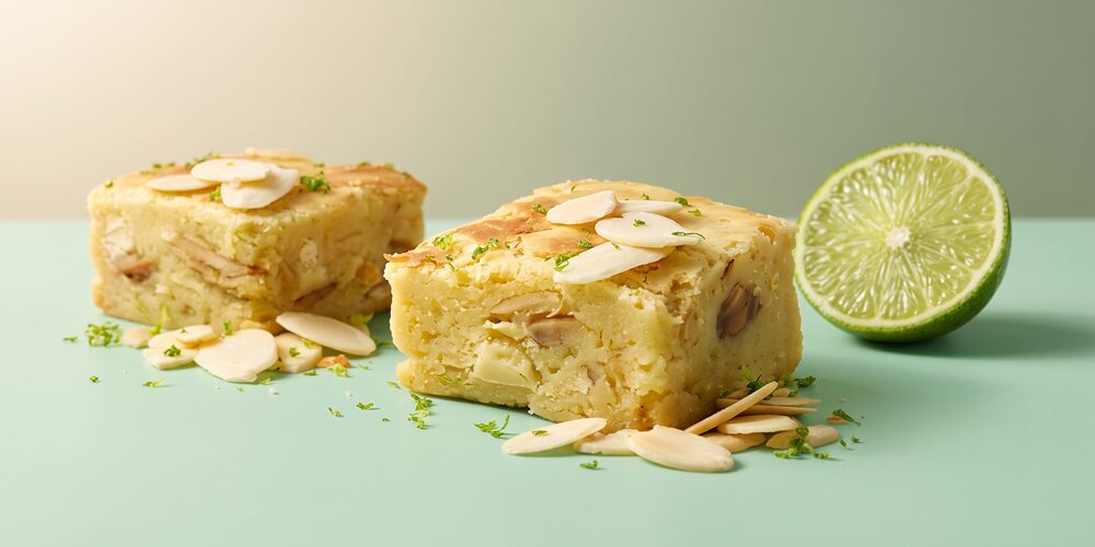 Brownie de limão com raspas e fatia de limão