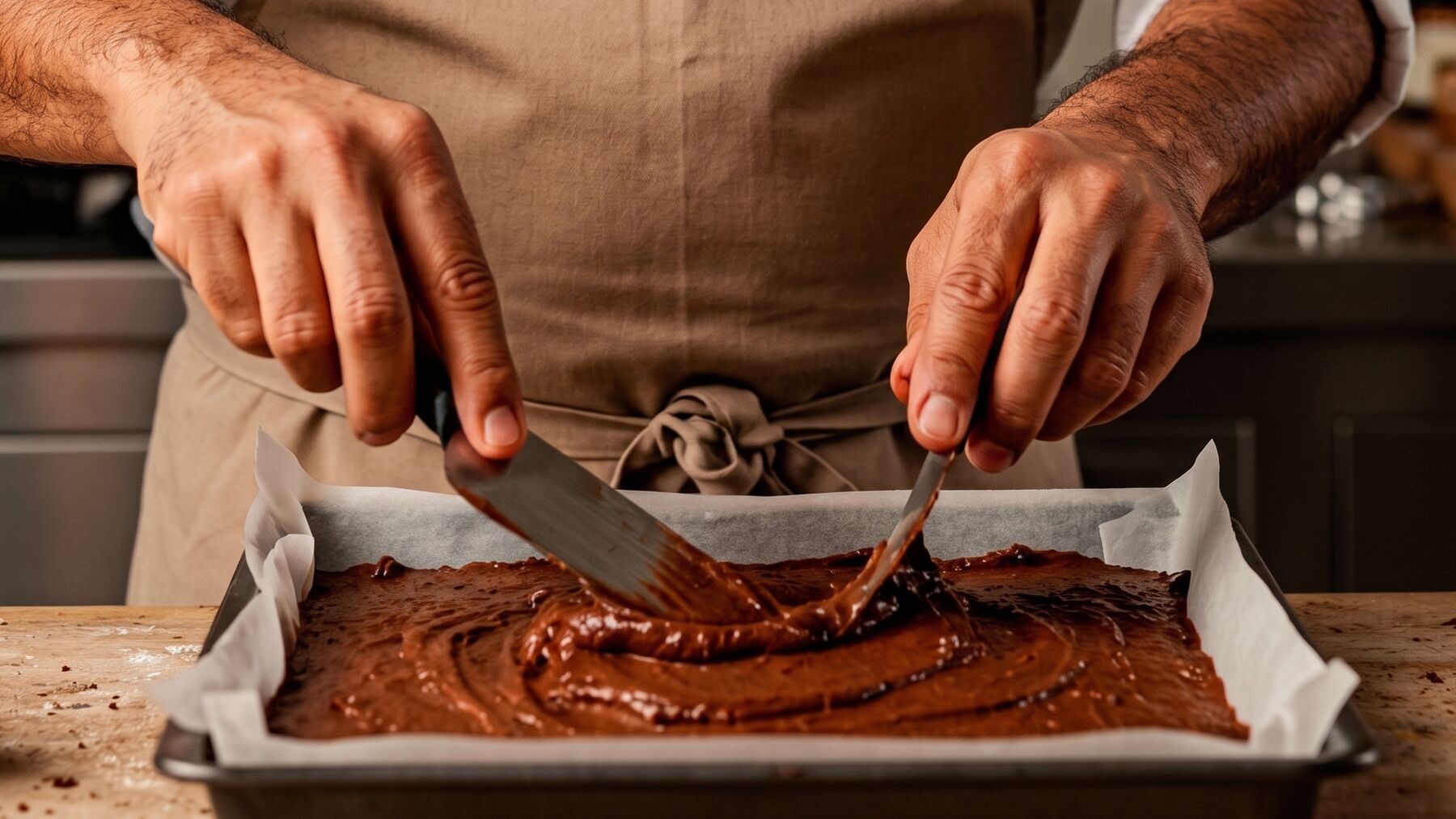Brownie sendo preparado e cortado na assadeira